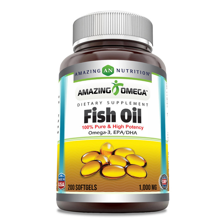 Amazing Omega Fish Oil 1000mg Pure and High Potency Omega3 Softgels Support Cardiovascular Health 200Ea