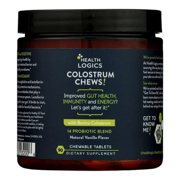 Health Logics Colostrum Chews Probiotic Blend Vanilla Flavor Improved Gut Health Immunity and Energy Chewable Tablets 90Ea