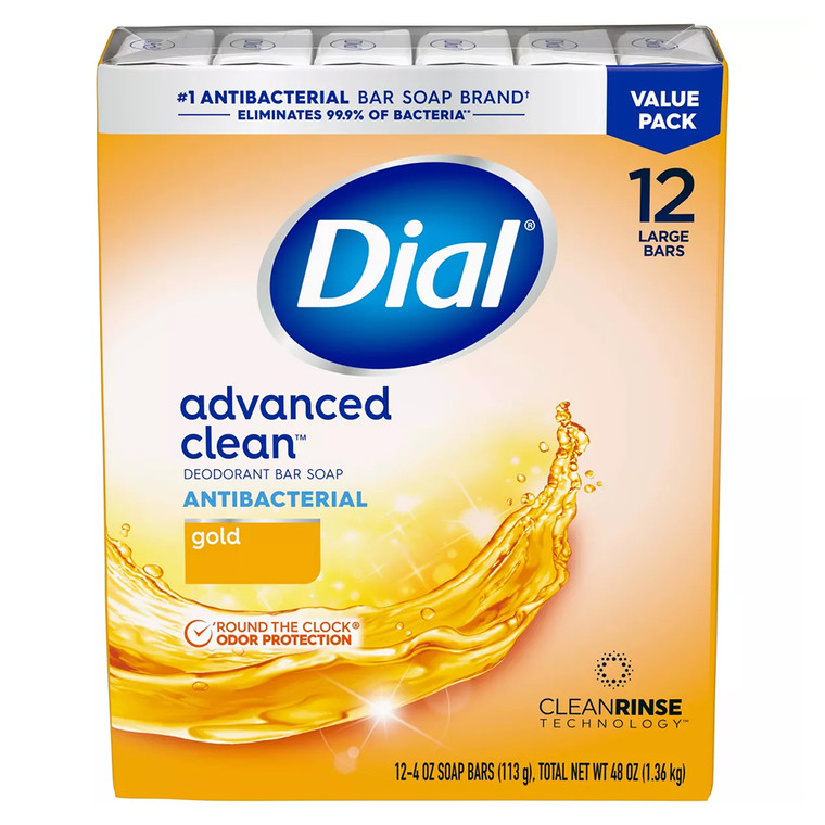 Dial Advanced Clean Gold Antibacterial Deodorant Bar Soap for Deep Cleansing and Bacteria Protection 4Oz (113g) 12Ea