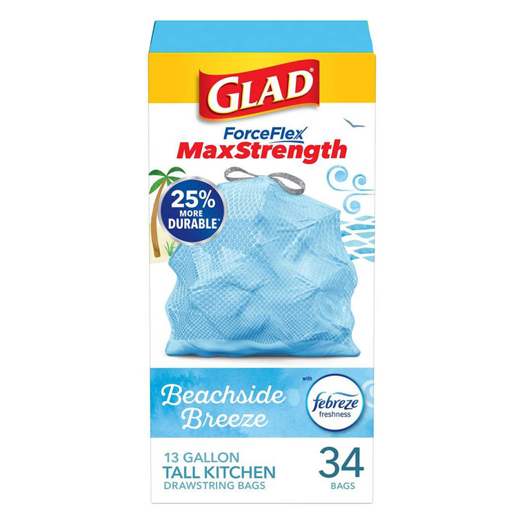 Glad ForceFlex MaxStrength Beachside Breeze 13 Gallon Tall Kitchen Drawstring Trash Bags 34Ea