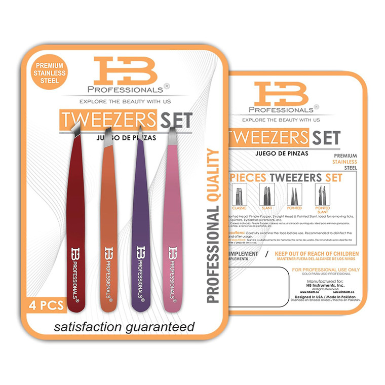 HB Pro Tweezers Multi Colors for Precise Hair Removal and Grooming 4Ea