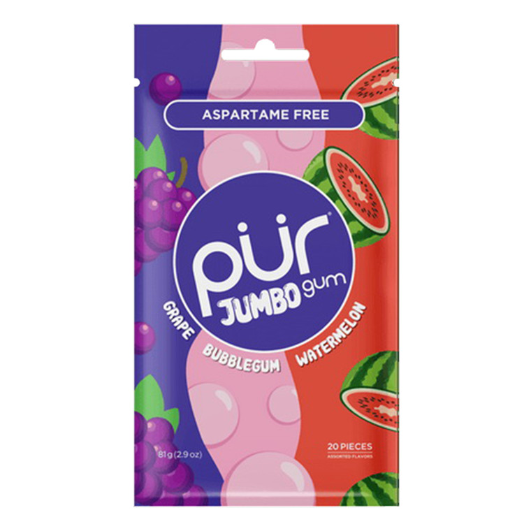 Pur Jumbo Gum Grape Bubblegum Watermelon Flavor Extra Large Chew Aspartame and Sugar Free 20Ea