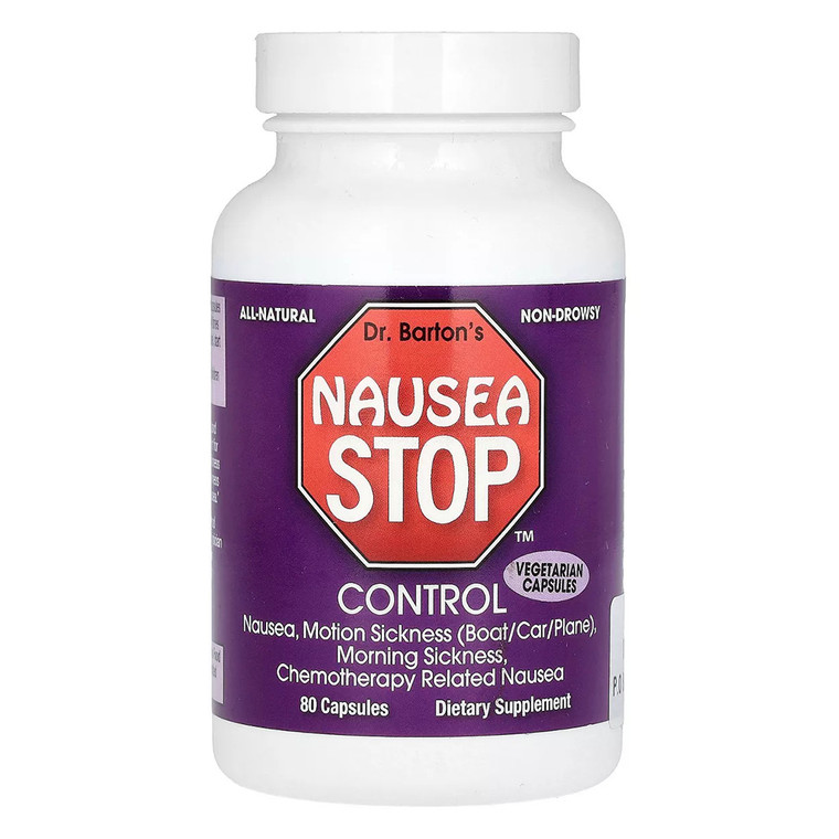 Dr Bartons Nausea Stop Controls Nausea Motion Sickness Non Drowsy Veg Capsules 80Ea