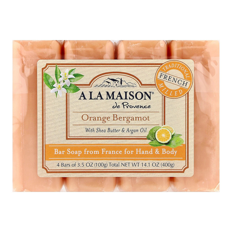 A La Maison Hand and Body Bar Soap with Shea Butter and Argan Oil Orange Bergamot 4Ea