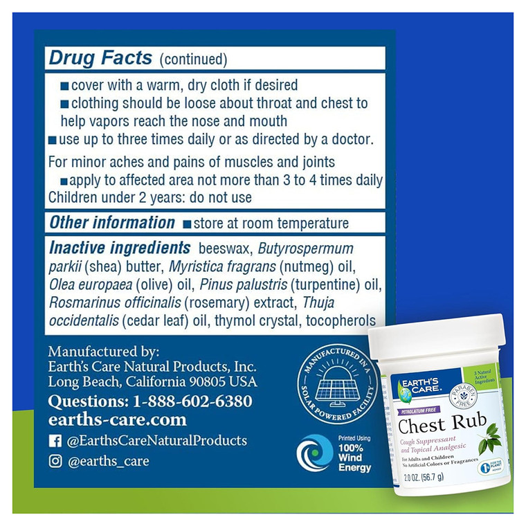 Earths Care Soothing Chest Rub Vapor Relief Balm Cough Suppressant and Topical Analgesic 2.0Oz (56.7g)