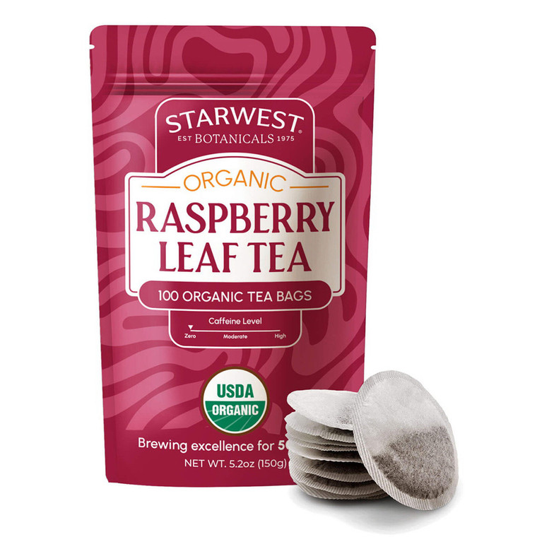 Starwest Botanicals Raspberry Leaf Organic Tea Bags Caffeine Free Infusion for Nourishing and Soothing Benefits 100Ea