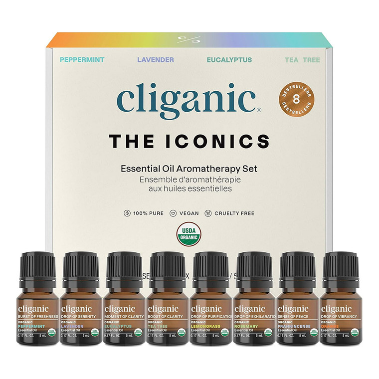 Cliganic Organic Aromatherapy Essential Oil Set for Relaxation and Mood Support 0.17Oz (5ml) 8Ea