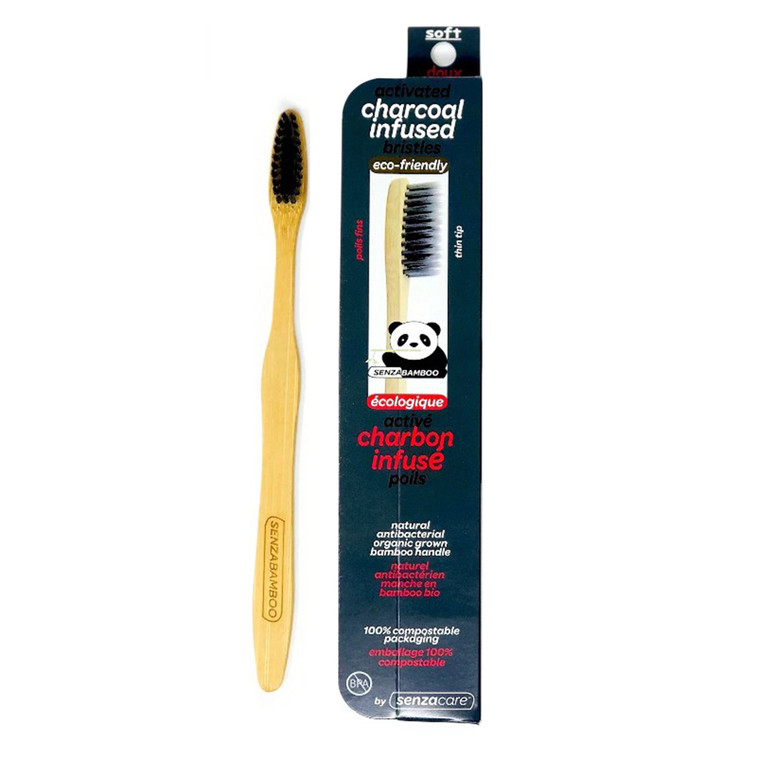 Senzacare Charcoal Infused Thin Tip Soft Bristle Bamboo Toothbrushes for Deep Cleaning and Gum Care 6Ea