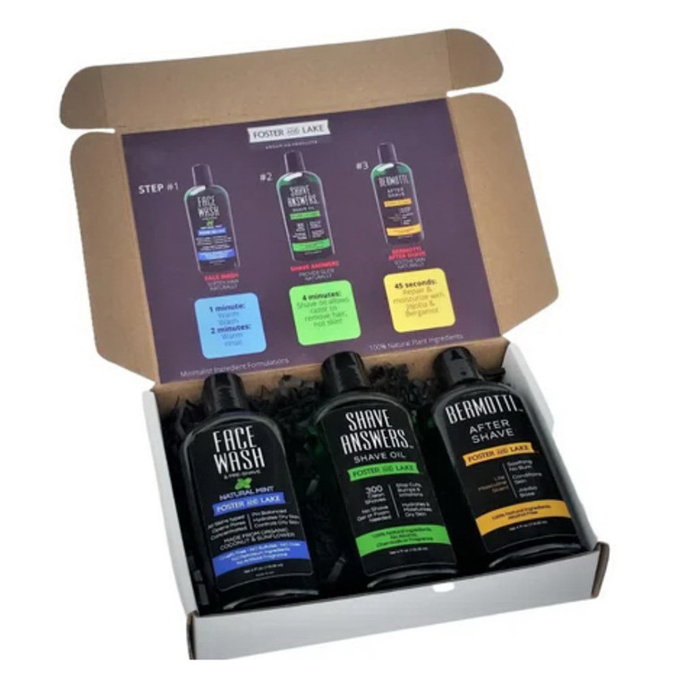Foster and Lake Pre Shave Face Wash Shave Oil and Bermotti Aftershave Shaving 3 Piece Gift Set 1Ea