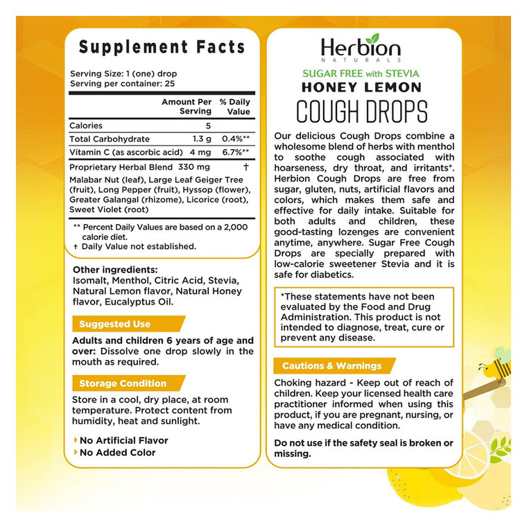Herbion Naturals Sugar Free Cough Drops Honey Lemon for Dry Throat and Irritants 25Ea
