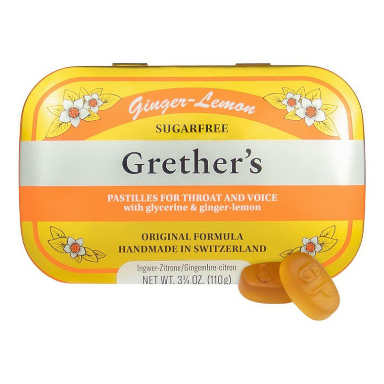 Grethers Pastilles Ginger Lemon Sugarfree Throat Lozenges for Dry Mouth and Throat Comfort 3.75Oz (110g)