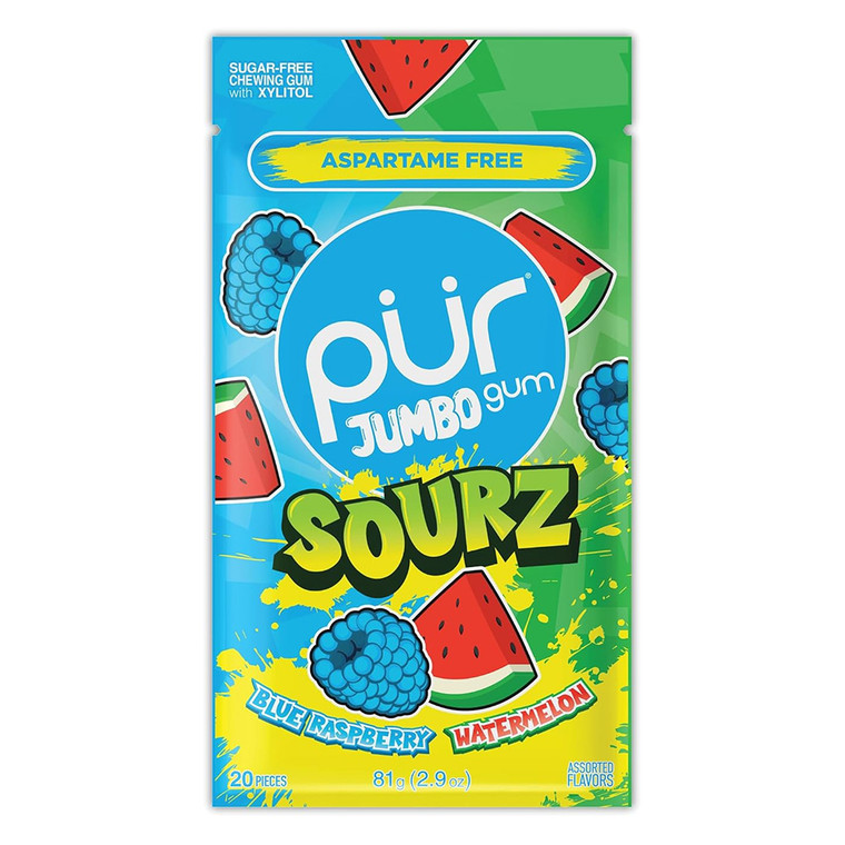 PUR Gum Jumbo Sourz Gum Blue Raspberry Watermelon Chewing Gum 2.9Oz (81g)