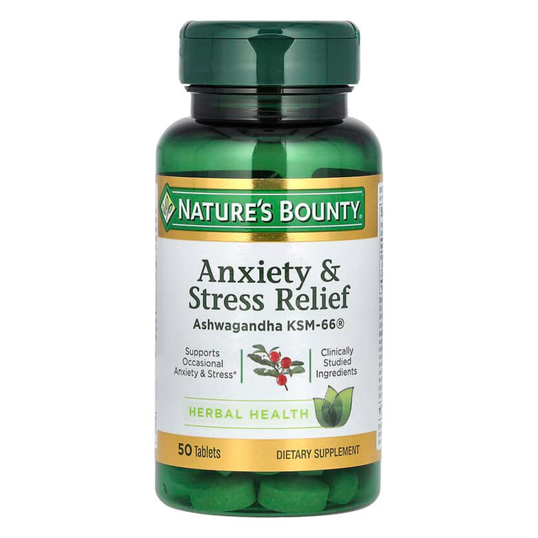 Natures Bounty Anxiety and Stress Relief Ashwagandha KSM 66 Herbal Health Tablets 50Ea
