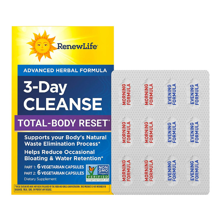 Renew Life 3 Day Cleanse Total Body Herbal Formula Detox Naturally Veg Capsules Support Gut Health 12Ea