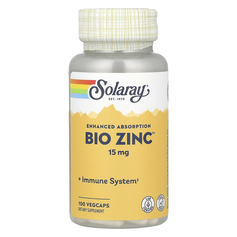 Solaray Bio Zinc 15 mg VegCaps for Immune and Skin Health Support 100Ea