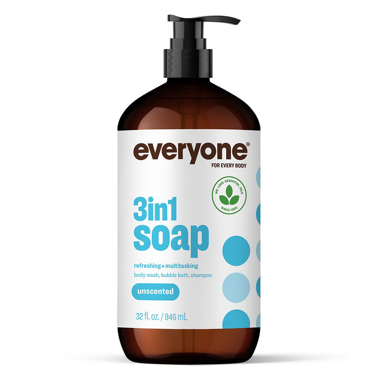 Everyone 3in1 Soap Body Wash Bubble Bath Shampoo Unscented for Sensitive Skin 32Oz (946ml)