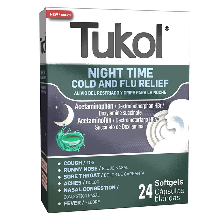 Tukol Night Time Cold and Flu Relief Softgels for Dry Cough Relief 24Ea