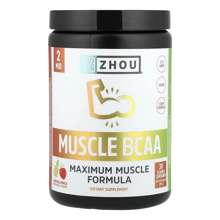 Zhou Nutrition Muscle BCAA Maxium Muscle Formula Powder Supplement Tropical Punch Flavor 9.06Oz (257g)