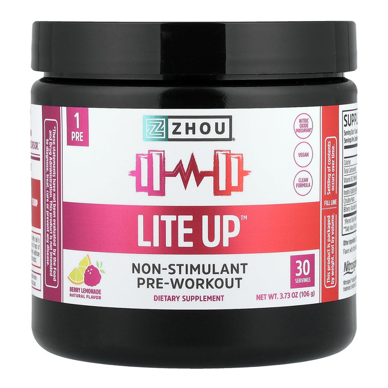 Zhou Nutrition Lite Up Non Stimulant Pre Workout Powder Berry Lemonade Flavor 3.73Oz (106g)