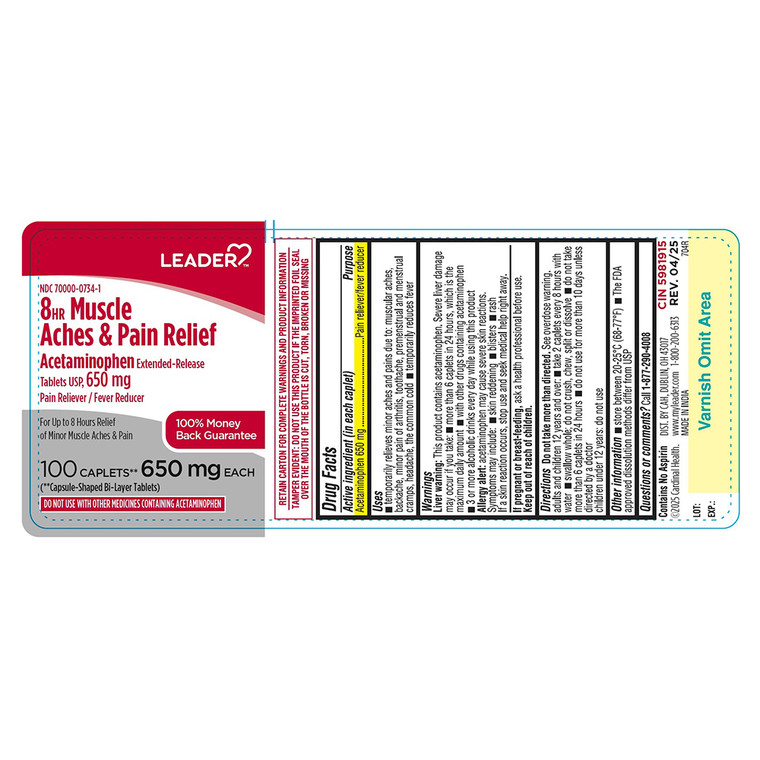 Leader 8HR Muscle Aches and Pain Relief Acetaminophen 650mg Caplets 100Ea