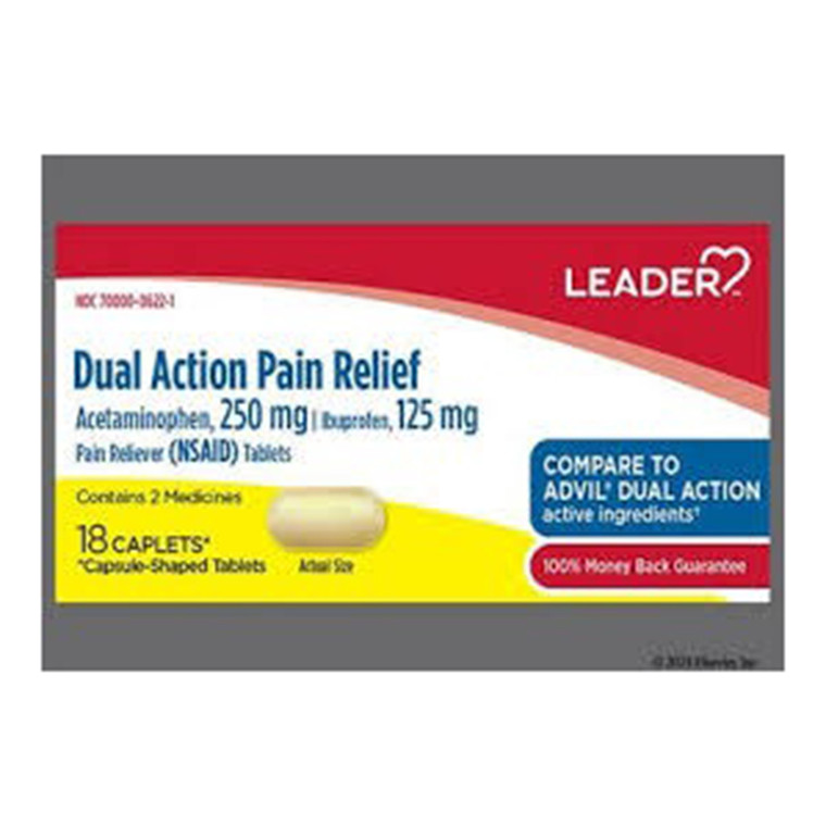 Leader Dual Action Pain Reliever Acetaminophen 250mg Ibuprofen 125mg Caplets Pain Reliever 18Ea