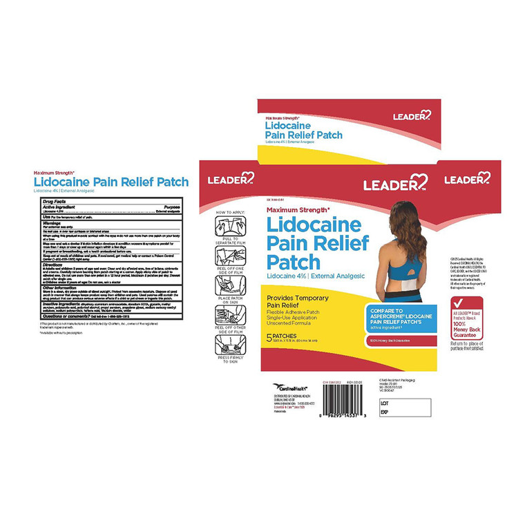 Leader Lidocaine Pain Relief Patch Maximum Strength Flexible Adhesive Patches Unscented 5Ea