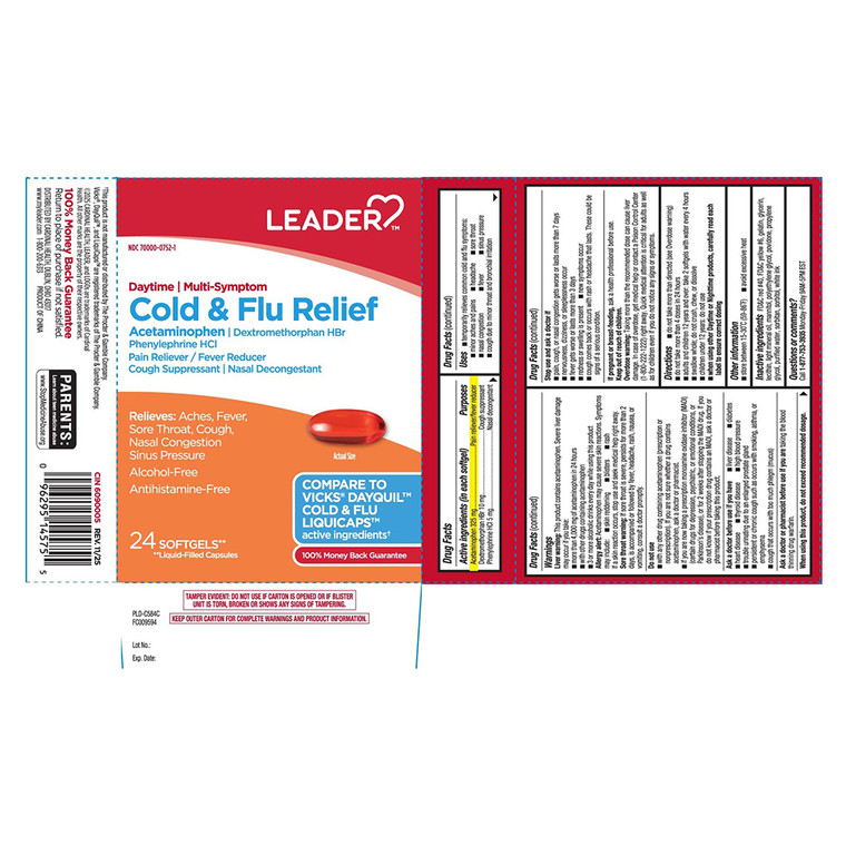 Leader Daytime Cold and Flu Relief Acetaminophen Cough Suppressant Softgels 24Ea