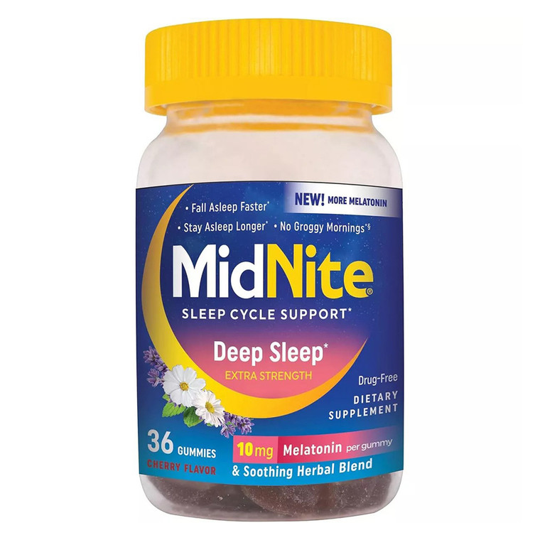 MidNite Deep Sleep Extra Strength 10 mg Melatonin Sleep Aid Gummies Cherry Flavor 36Ea