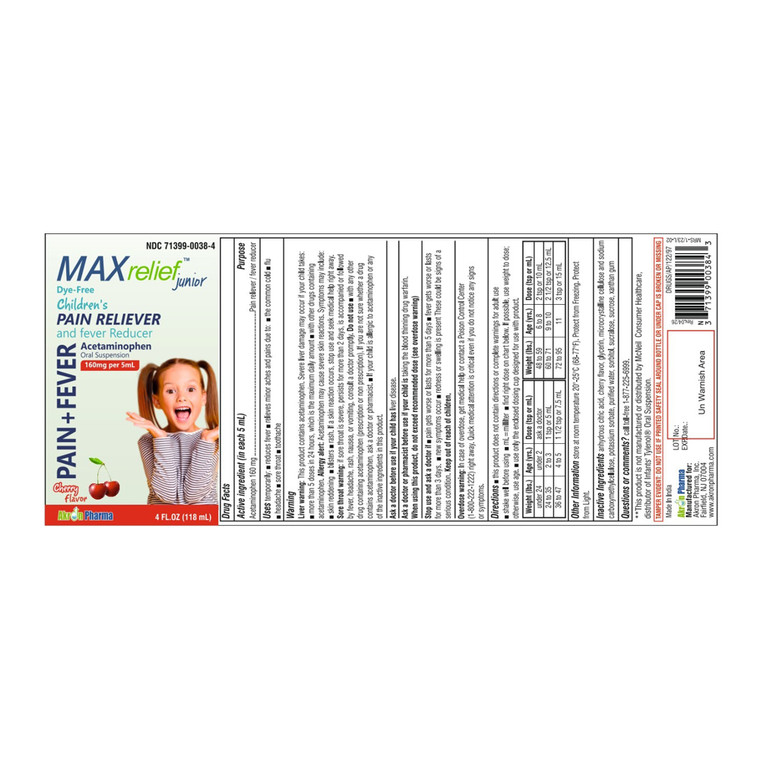 Max Relief Junior Childrens Acetaminophen Oral Suspension for Pain Reliever and Fever Reducer Cherry Flavor 4Oz (118ml)