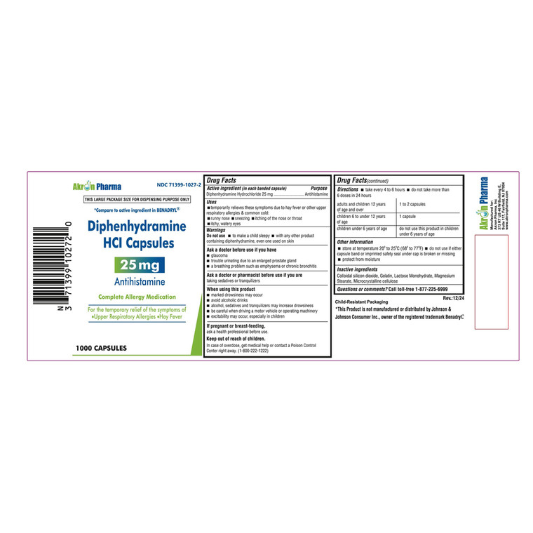 Diphenhydramine HCL 25mg Antihistamine Capsules for Upper Respiratory Allergy Relief and Hay Fever 1000Ea