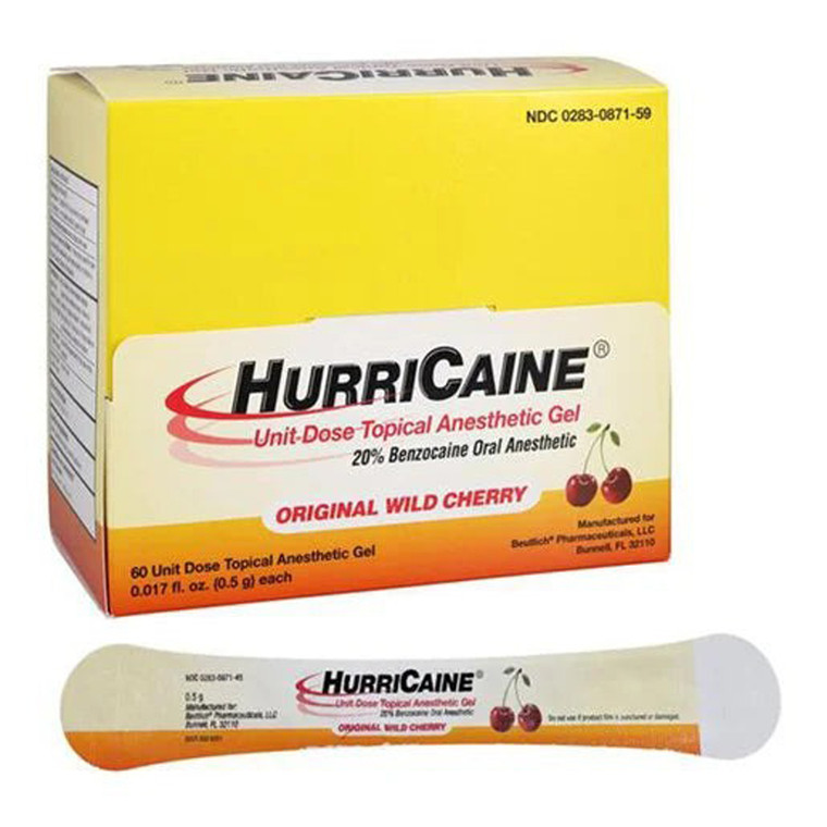 Hurricaine Topical Anesthetic Gel 20 Percent Benzocaine Wild Cherry  0.5g Unit Doses Oral Pain Relief 60Ea