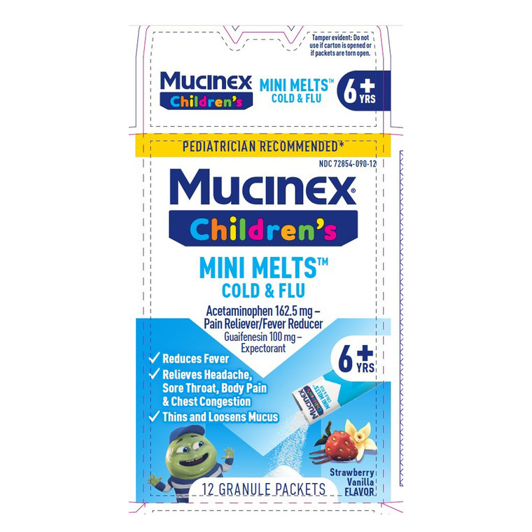 Mucinex Childrens Mini Melts Cold and Flu Strawberry Vanilla Flavor Relieves Fever Headache and Body Pain 12Ea