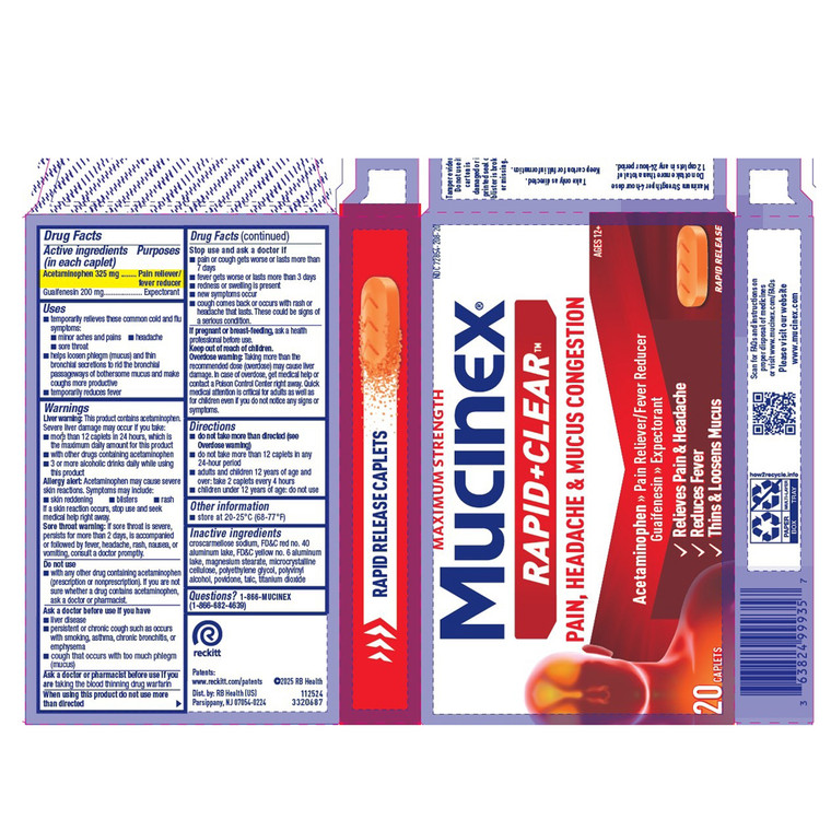 Mucinex Maximum Strength Rapid Plus Clear Caplets Relieves Pain Headache and Mucus Congestion and Fever Reducer 20Ea