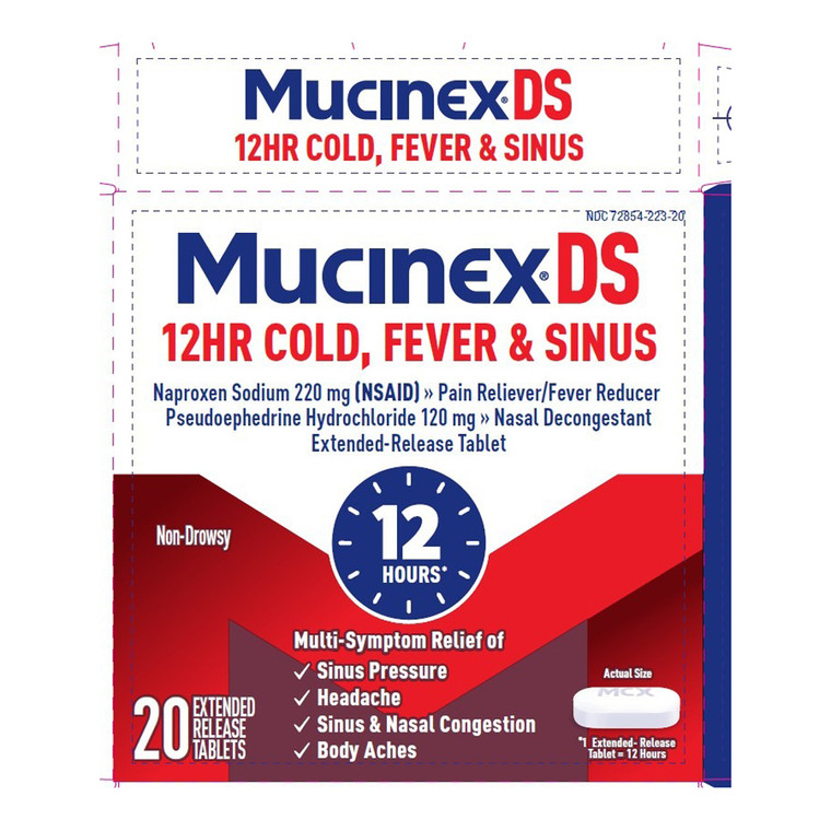 Mucinex DS Naproxen Sodium 220mg Non Drowsy 12hr Cold Fever and Sinus Reliever Tablets 20Ea