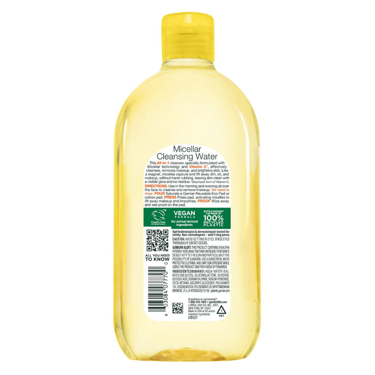 Garnier Micellar Cleansing Water with Vitamin C for Facial Cleansing Makeup Removal and Brightening 23.7Oz (700ml)