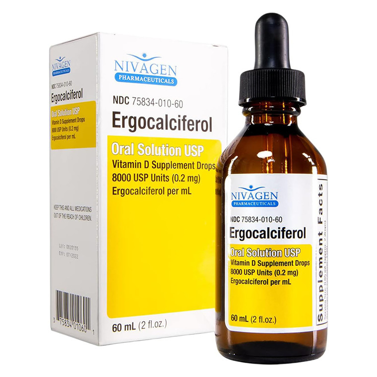 Nivagen Ergocalciferol Oral Solution 8000 USP Vitamin Supplement Drops Support Muscle and Immune 2Oz (60ml)