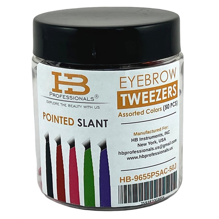 HB Professional Eyebrow Tweezers Point Slant Assorted Colors Jar for Shaping Eyebrow 50Ea