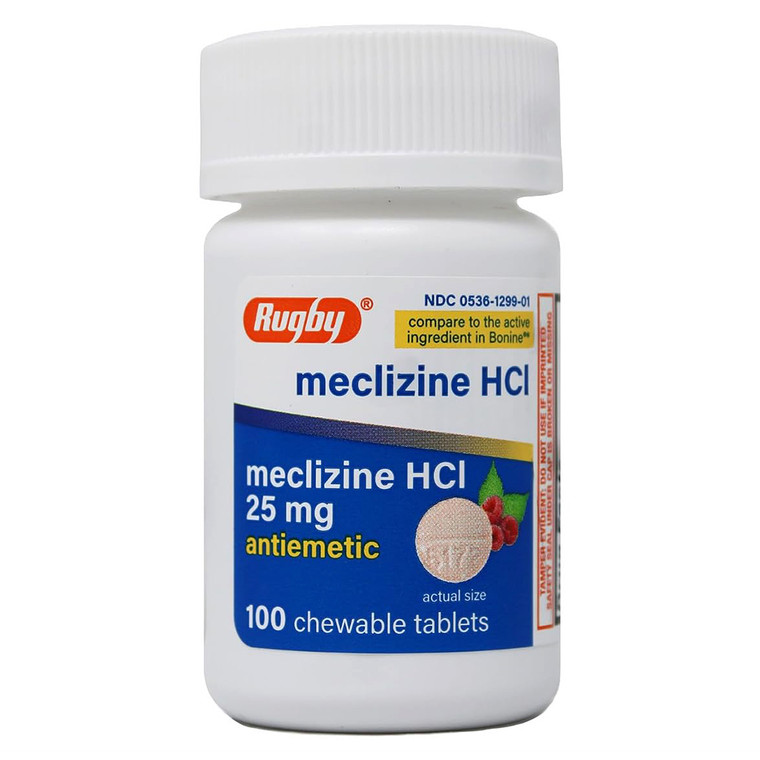 Rugby Meclizine 25 mg Chewable Tablets for Motion Sickness Relief 100Ea