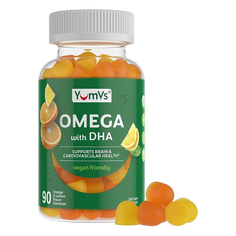 YumVs Omega with DHA Dietary Supplement Orange and Lemon Flavor Gummies Supports Brain and Cardiovascular Health 90Ea
