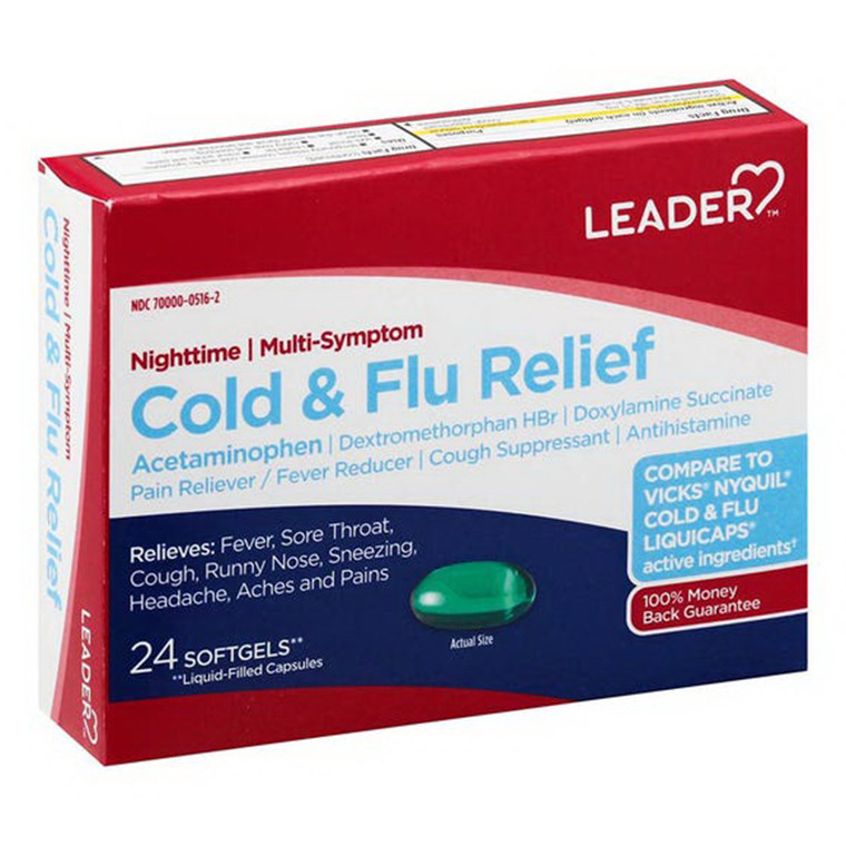 Leader Nighttime Multi Symptom Cold and Flu Relief Acetaminophen Softgels 24Ea