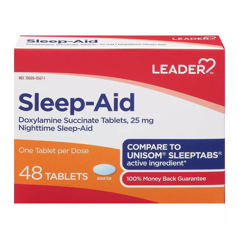 Leader Nighttime Sleep Aid 25 mg Tablets for Relief of Occasional Sleeplessness 48Ea