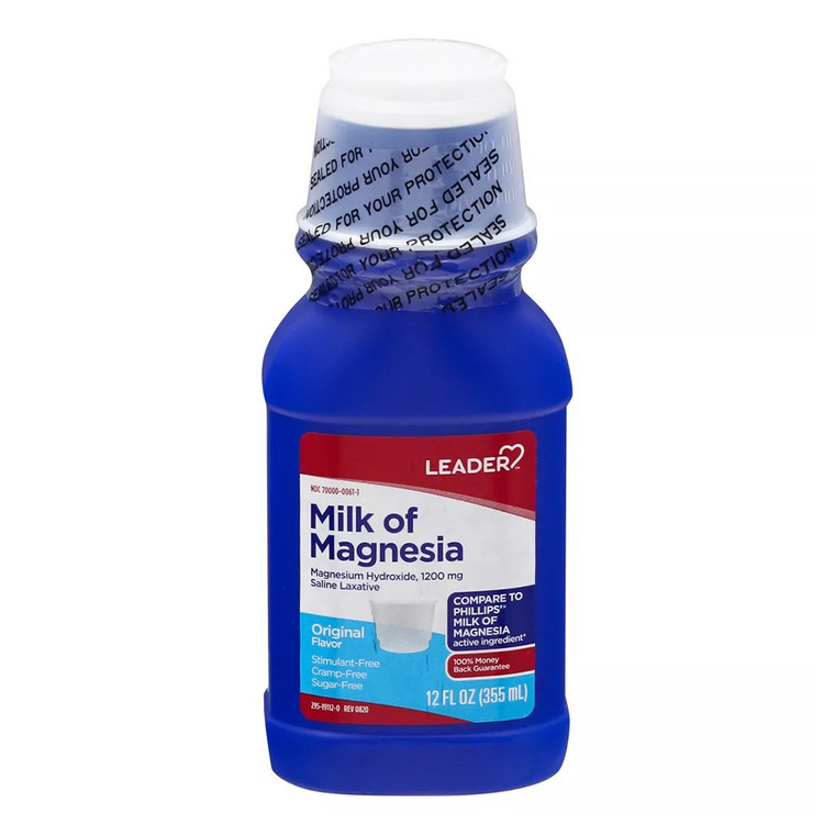 Leader Milk of Magnesia 1200 mg Liquid Original Flavor for Occasional Constipation Relief 12Oz (355ml)