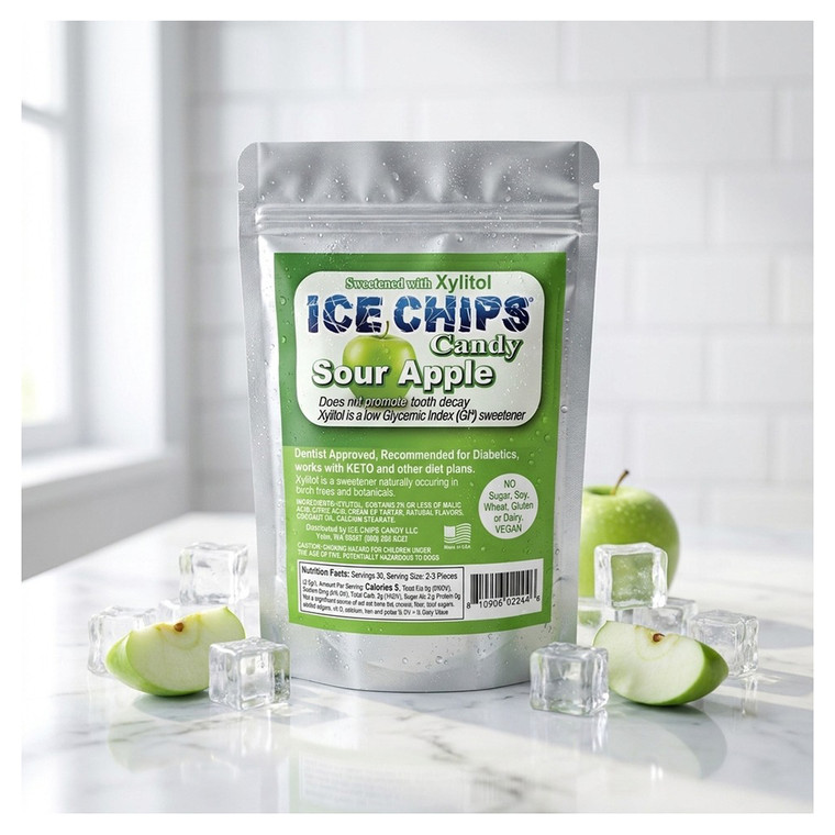 Ice Chips Sour Apple Candy Sweetened with Xlitol 2Oz (5.67g)