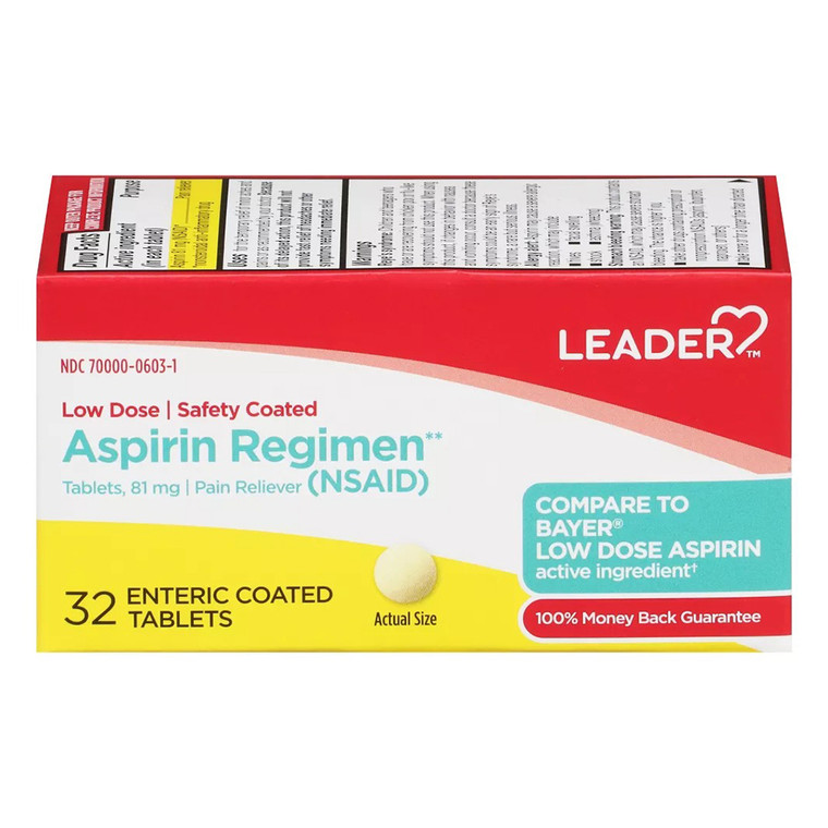 Leader Aspirin Regimen Low Dose 81 mg Tablets for Temporary Relief of Minor Aches and Pains 32Ea
