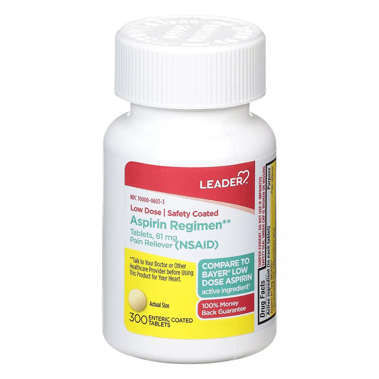 Leader Low Dose Aspirin Regimen 81 mg Enteric Coated Tablets for Temporary Relief of Pains 300Ea