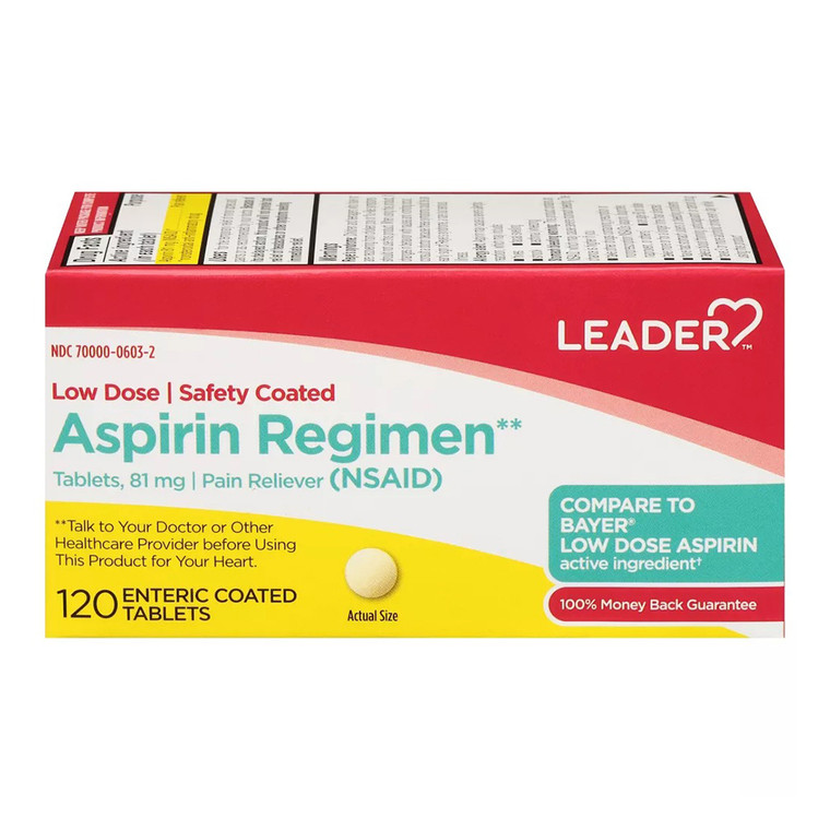 Leader Low Dose Aspirin Regimen 81 mg Pain Relief Enteric Coated Tablets 120Ea