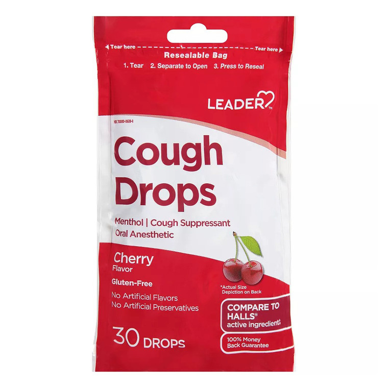 Leader Cherry Flavor Cough Drops Gluten Free for Cough and Throat Comfort 30Ea