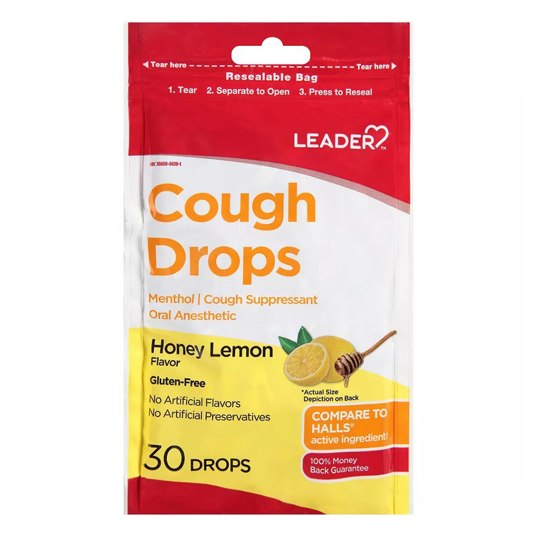 Leader Honey Lemon Flavor Cough Drops Gluten Free 30Ea