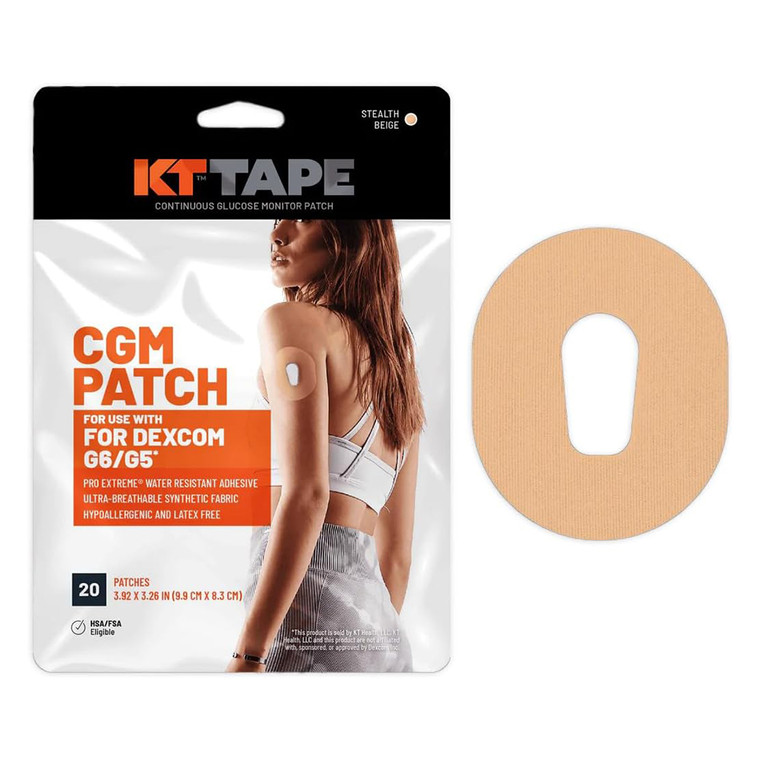 KT Tape CGM Patch for Dexcom G6 G5 Pro Extreme Water Resistant Adhesive Ultra Breathable Synthetic Fabric Patches 20Ea