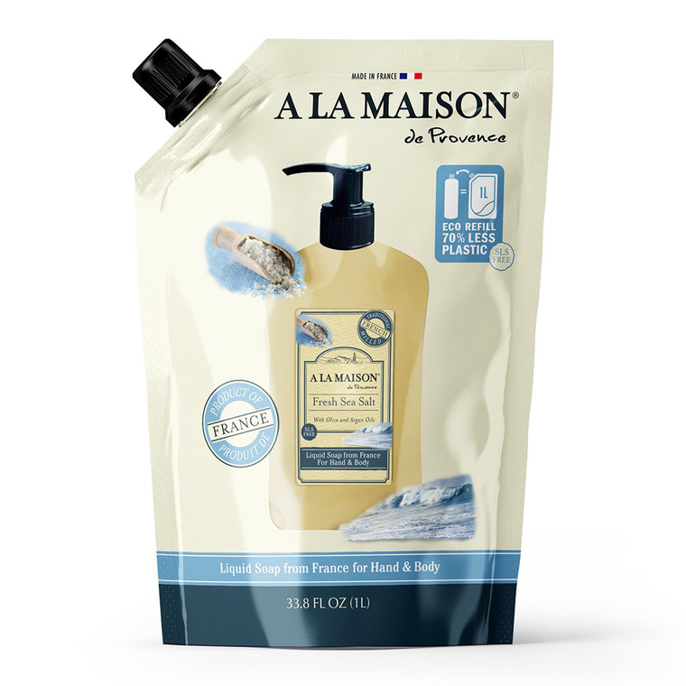 A la Maison De Provence Fresh Sea Salt Liquid Soap Refill Pouch for Hand and Body 33.8Oz